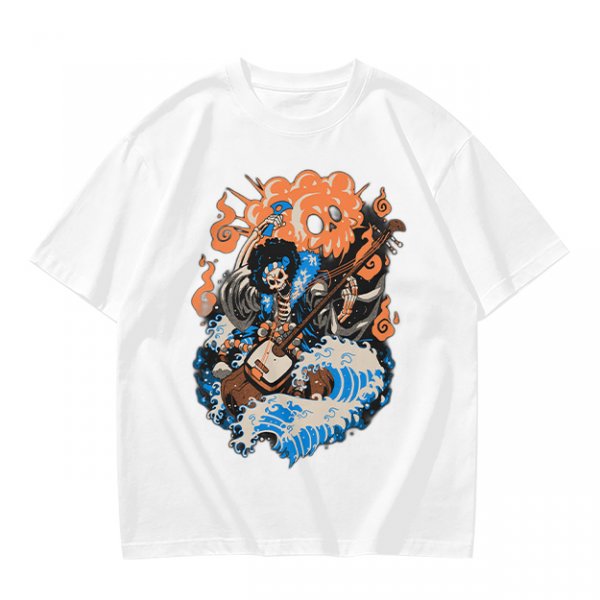 Olive T-shirt with Skeleton Musician Playing Guitar Over Ocean Waves