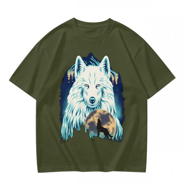 Olive T-Shirt With White Wolf And Howling Wolf Moon Graphic