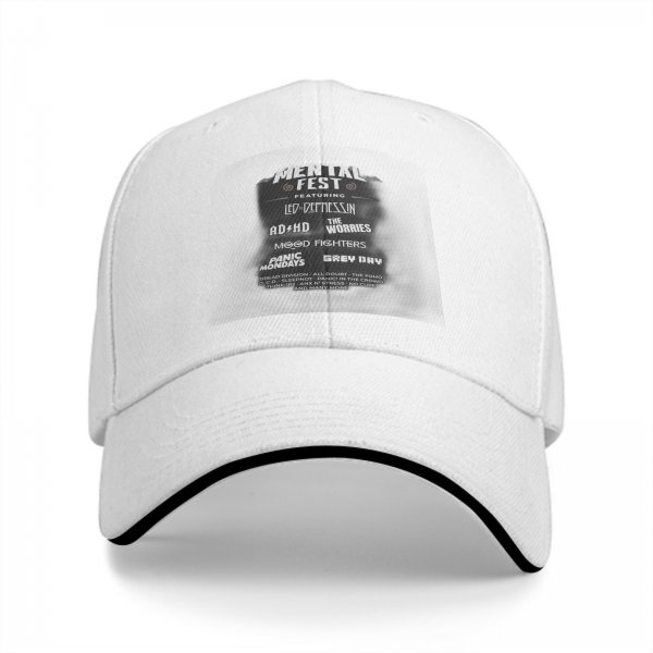 Black baseball cap with Mental Fest themed band-style print