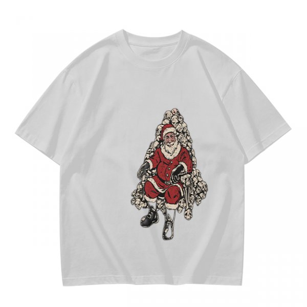 Olive T-shirt with Santa Claus on Skull Throne Graphic