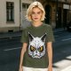 Olive T-Shirt With Angry White Cat Face Graphic