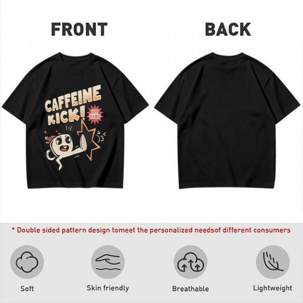 Olive graphic tee with caffeine kick cartoon coffee cup design
