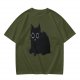 Oversized Olive T-Shirt With Black Cat Graphic Print