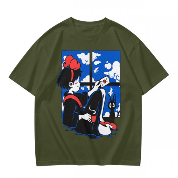 Olive t-shirt with Kiki's Delivery Service window print of girl reading letter