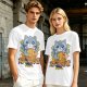 Olive green t-shirt with cute gray cat holding taiyaki graphic