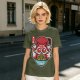 Olive t-shirt with cute kitsune fox eating ramen graphic