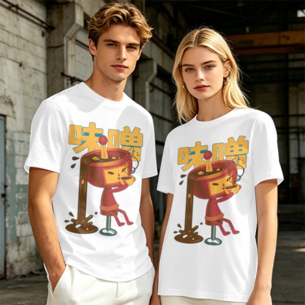 Olive green t-shirt with whimsical miso character graphic print