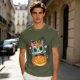 Olive t-shirt with sugar skull cat on jack-o'-lantern