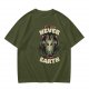 Olive green graphic t-shirt with 'cats were never from earth' alien and cat print
