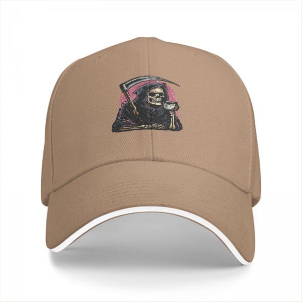 Black Baseball Cap With Grim Reaper Holding Scythe And Drink Graphic
