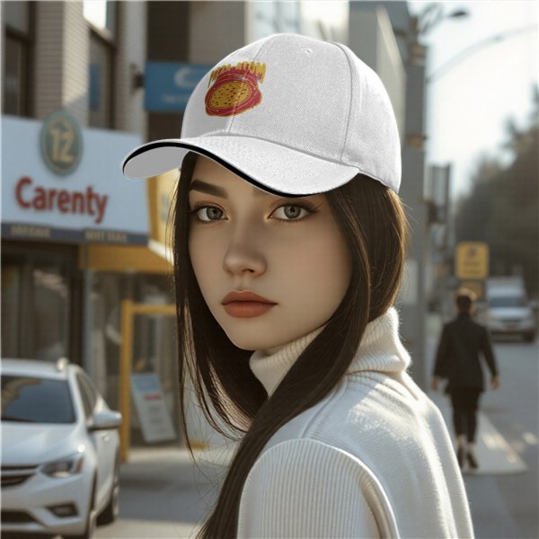 Black baseball cap with pizza atom graphic and text