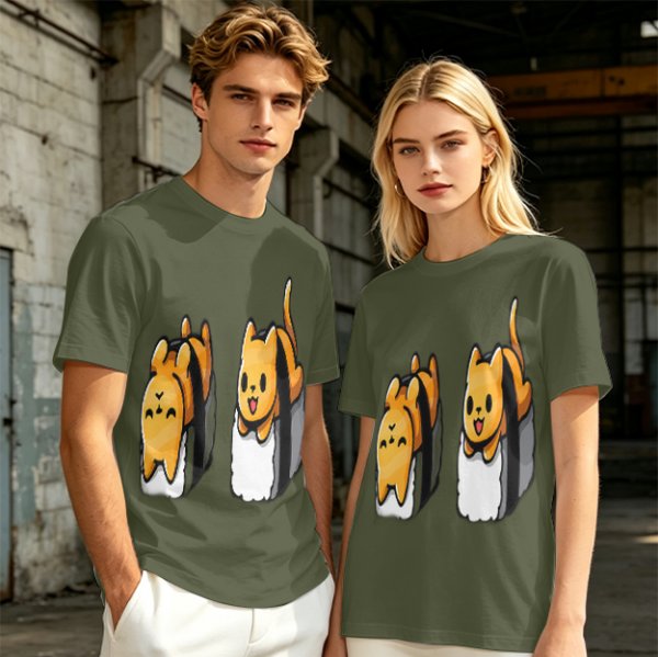 Olive T-shirt with cute sushi cat graphic print