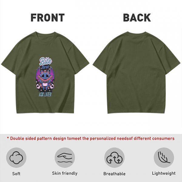 Olive graphic t-shirt with bat cat holding watermelon and 'Bite First Ask Later' text