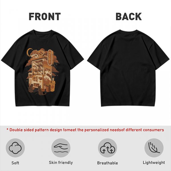 Olive T-Shirt with Coffee Vending Machine and Cats Graphic