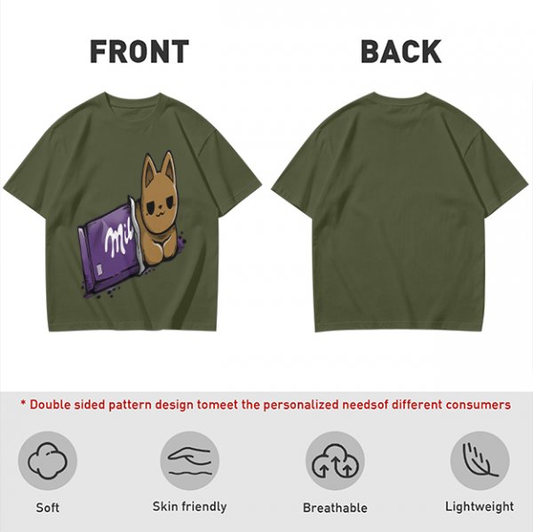 Olive T-shirt with a cartoon cat emerging from a purple chocolate wrapper print