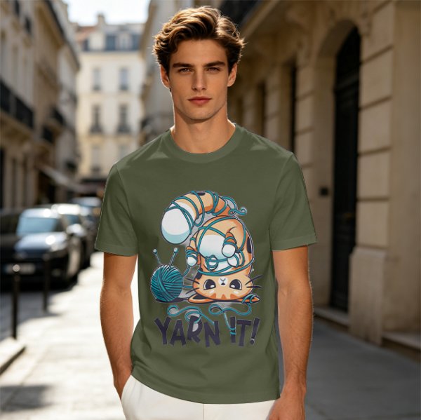 Olive T-shirt with Tangled Orange Cat Yarn It Print