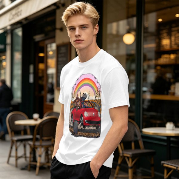 Olive T-Shirt With Red Convertible Car, Rainbow And People Graphic