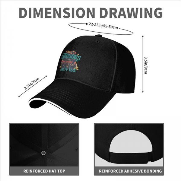 Black baseball cap with 'You Go Outdoors I Have Pizza And Movies' print