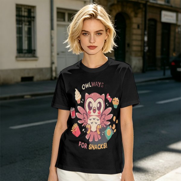 Owlways For Snacks Cute Graphic T-Shirt with Owl and Treats