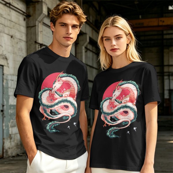 Olive T-shirt with stylized white dragon and red circular graphic print