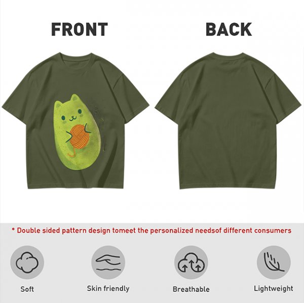 Olive Green T-Shirt With Cute Avocado Cat Holding Yarn Ball Print