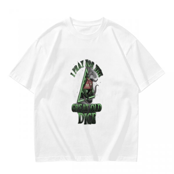 Olive t-shirt with 'Pray for the Great Old Dice' cosmic horror print