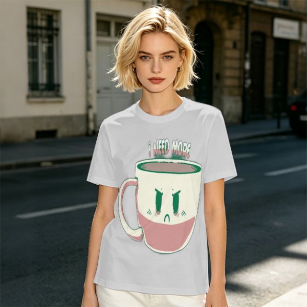 Olive Graphic Tee With Angry Coffee Cup I Need More Print