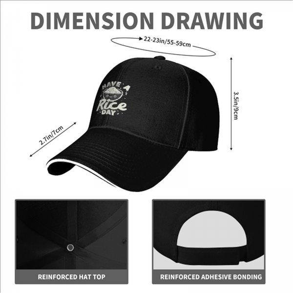 Black baseball cap with 'Have A Rice Day' kawaii rice bowl graphic