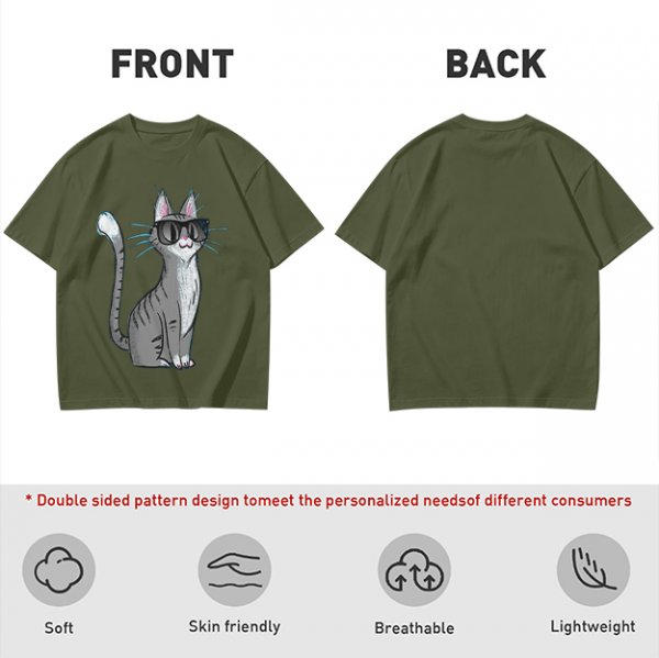 Olive T-Shirt With Cool Gray Cat Wearing Sunglasses Print
