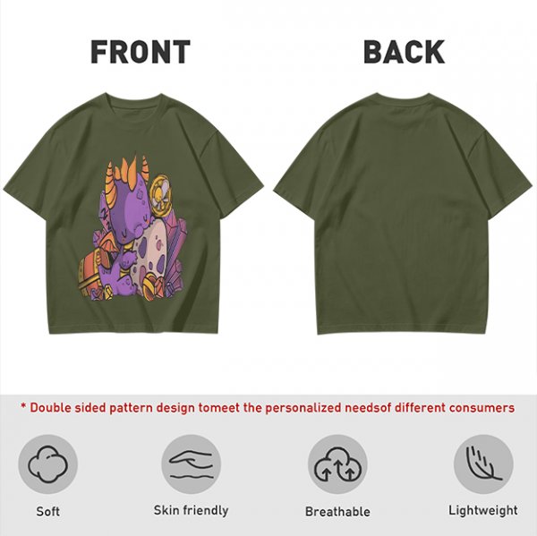 Olive T-Shirt with Cute Sleeping Purple Dragon and Treasure Artwork