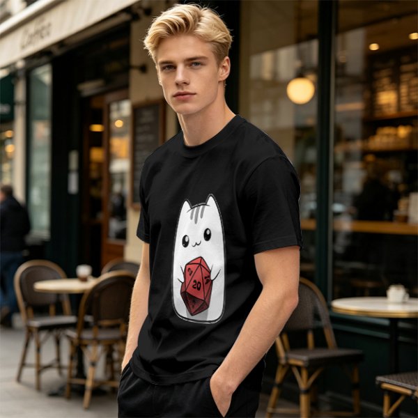 Olive T-Shirt With Cute White Cat Holding D20 Dice Print