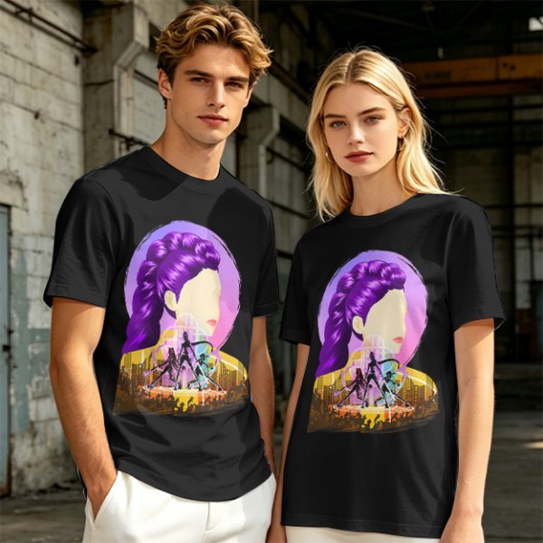 Olive T-Shirt With Purple Haired Woman And Concert Stage Print