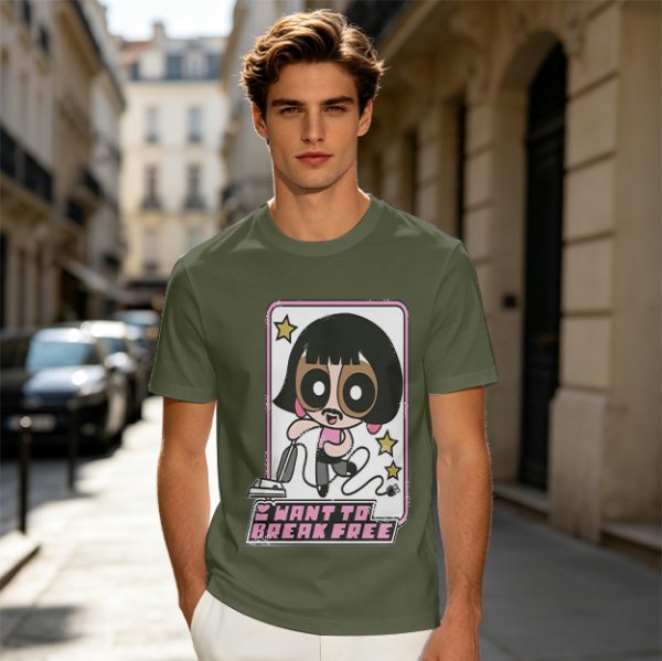 Olive green graphic t-shirt with Powerpuff-style character and 'I Want To Break Free' text