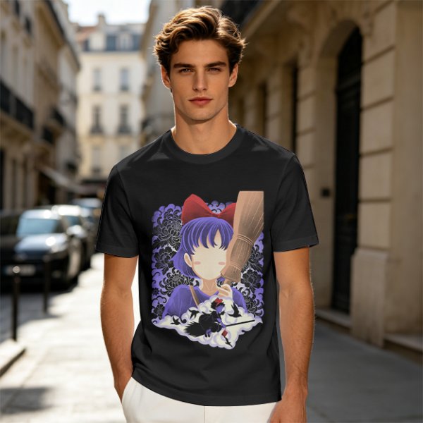 Olive T-Shirt With Witch Anime Girl and Cat Silhouette Print