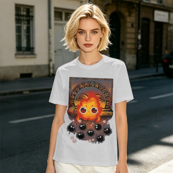 Olive t-shirt with Calcifer and soot sprites graphic print
