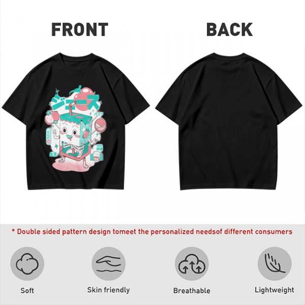 Olive t-shirt with a cartoon apple juice box skeleton graphic