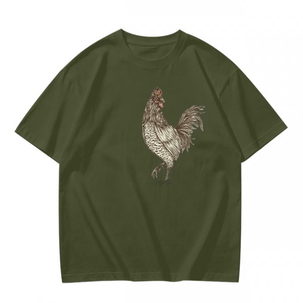 Olive Green T-Shirt With Vintage Rooster Graphic Print