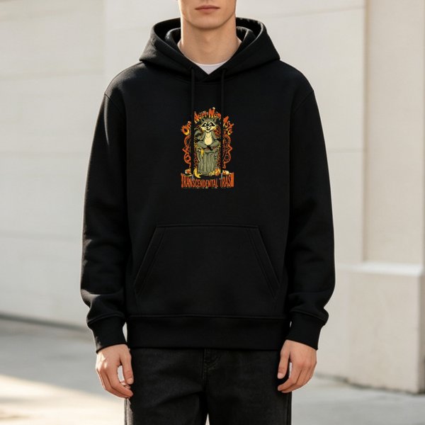 Black hoodie with raccoon and transcendental trash graphic