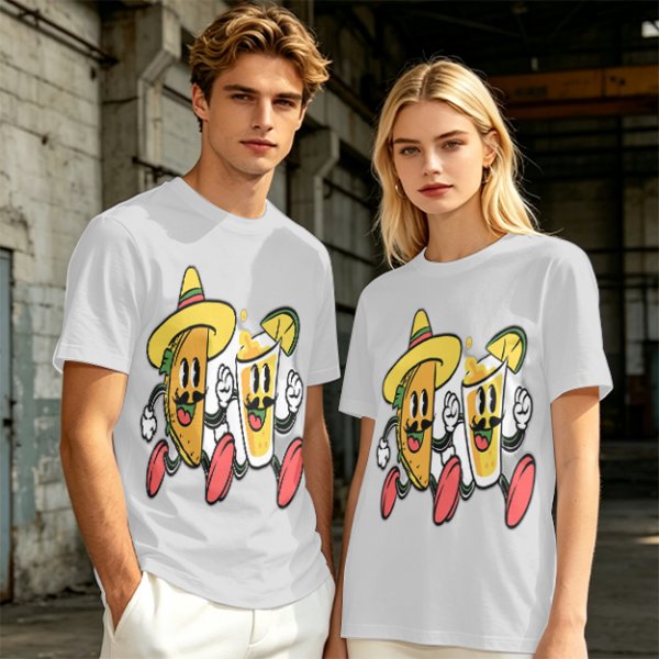 Olive T-Shirt with Cartoon Taco and Beer Graphic