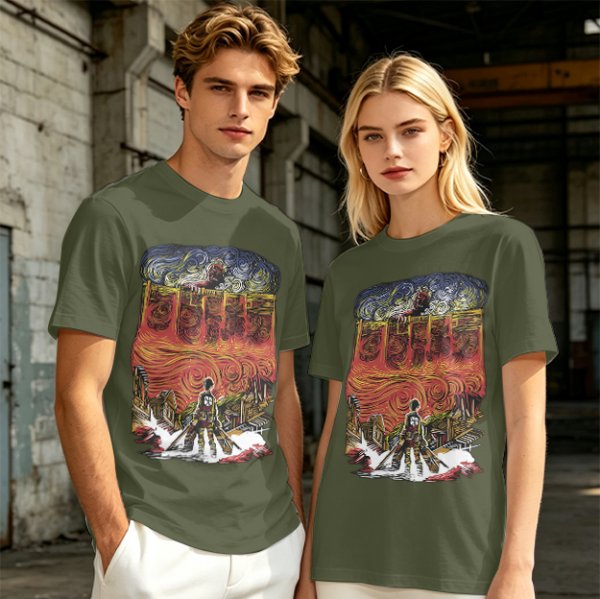Olive T-shirt with Artistic Swirling Scene Print Featuring a Silhouetted Figure