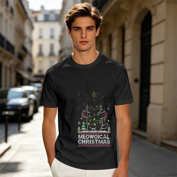 Olive Green Christmas Cat T-Shirt With Meowgical Christmas Print