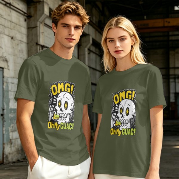Olive T-Shirt With Funny Skull 'OMG Oh My Guac!' Print