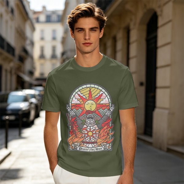Olive T-Shirt With Stained Glass Style Praise The Sun Knight Print