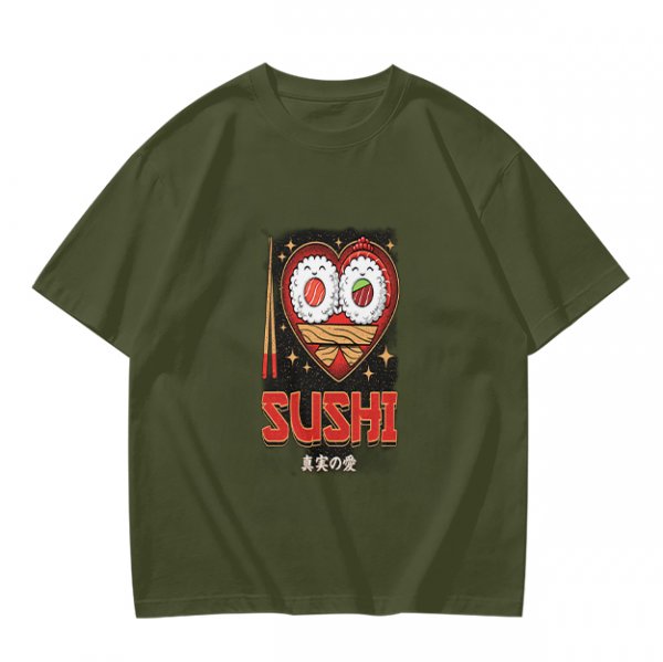 Olive T-Shirt With Cute Sushi Heart Graphic That Says I Love Sushi