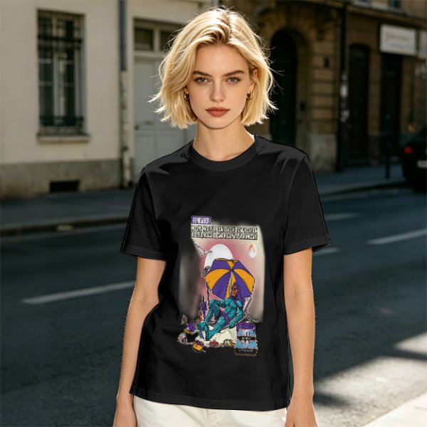 Olive T-shirt with Superhero Lounging Under Beach Umbrella Print