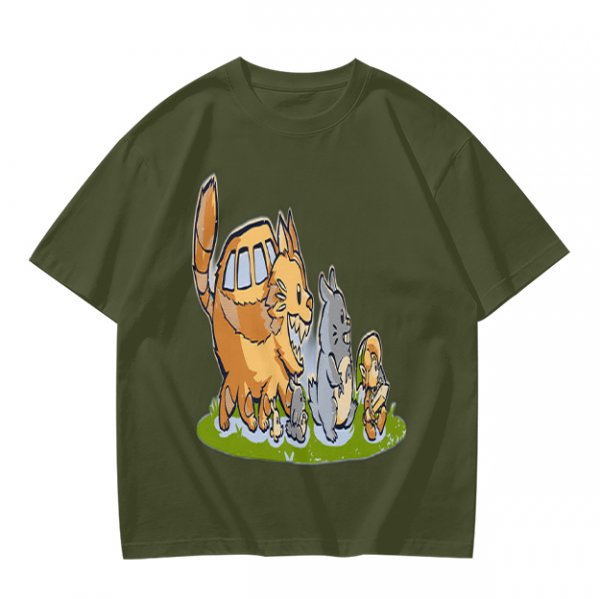 Olive T-Shirt With Whimsical Forest Creature Artwork Print