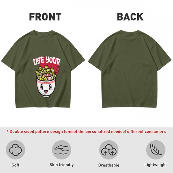 Olive T-Shirt With Cute Ramen Bowl Graphic And 'Use Your' Text