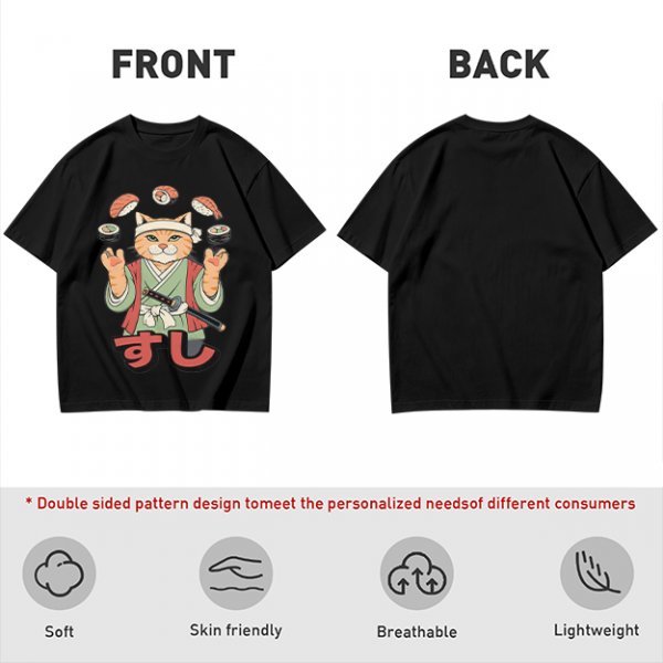 Olive T-Shirt With Cat Sushi Chef Juggling Sushi Print