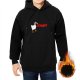 Black hoodie with a goose graphic and red text design