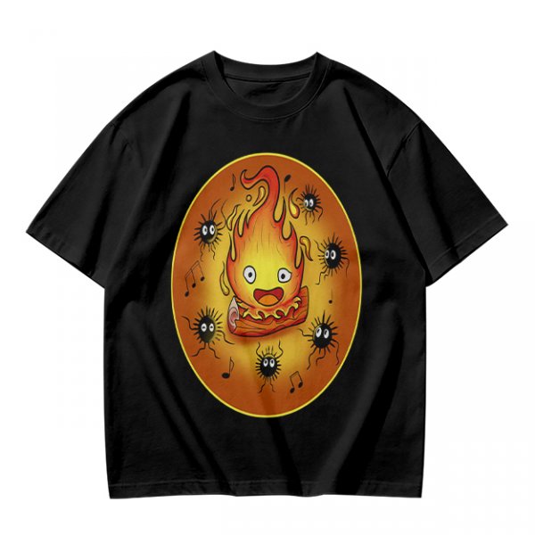 Olive T-Shirt Featuring Calcifer and Soot Sprites Artwork